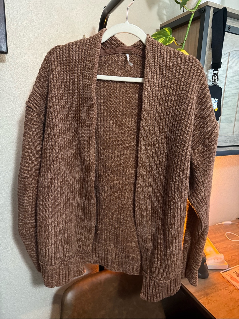 Free People Chunky Open-Front Cardigan in Warm Brown